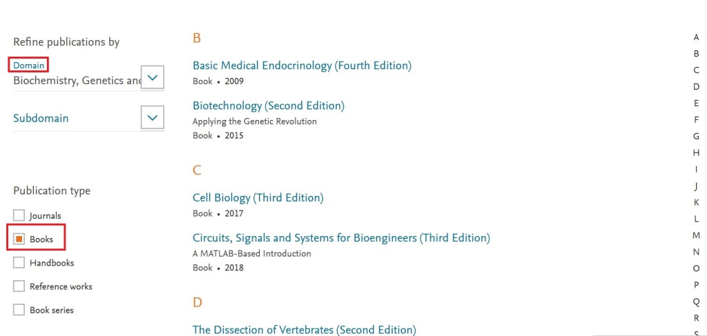 Screenshot of how to filter for appropriate content in ScienceDirect