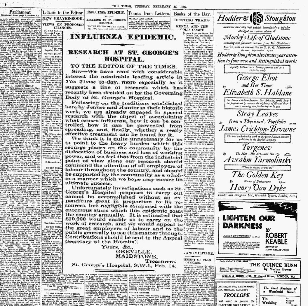 Scan of article in newspaper about influenza epidemic, research at St George's Hospital. ‘Influenza epidemic: Research at St George’s Hospital’. The Times, 15 Feb 1927.