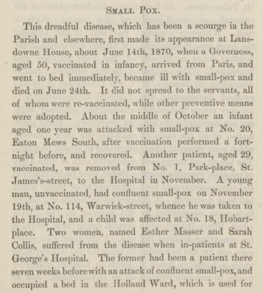 Photo of book page with text about smallpox from 1871.
